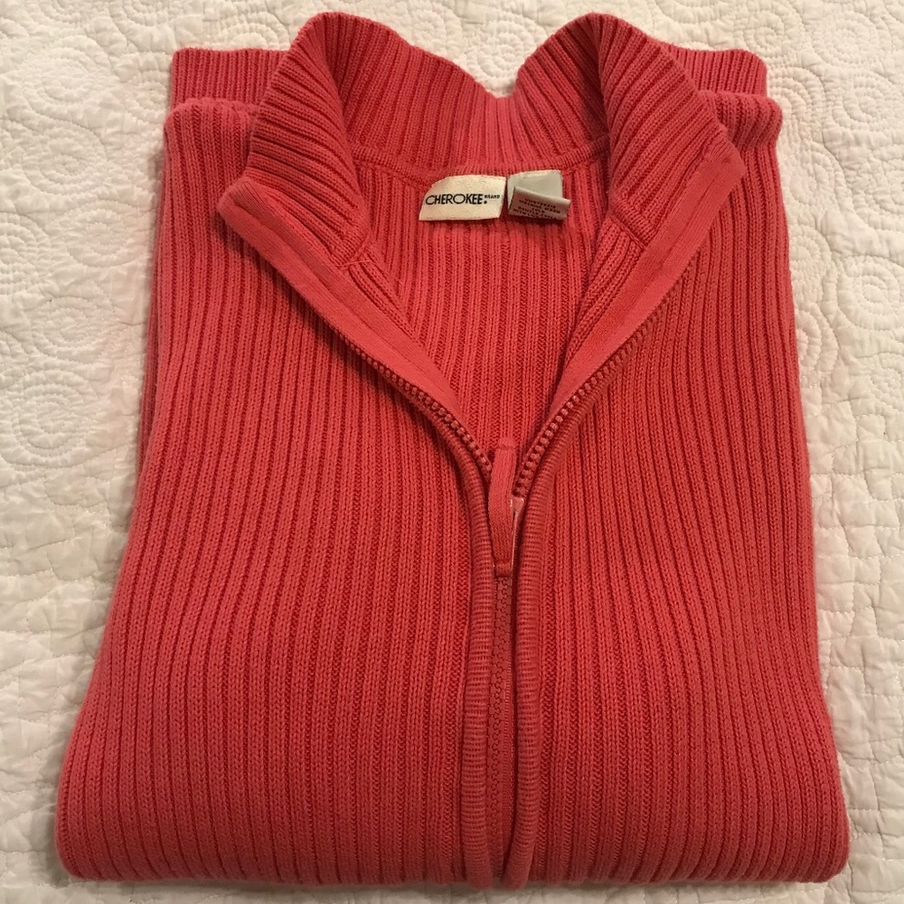 Cherokee long-sleeved zip-up ribbed coral cardigan sweater (2X)